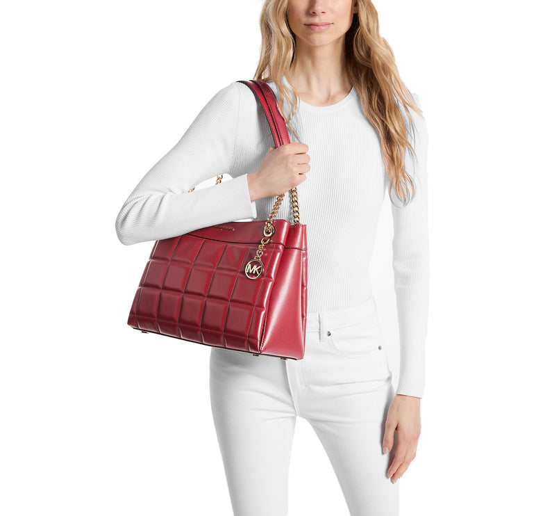 Michael Kors Women's Susan Medium Quilted Leather Tote Bag Deep Red