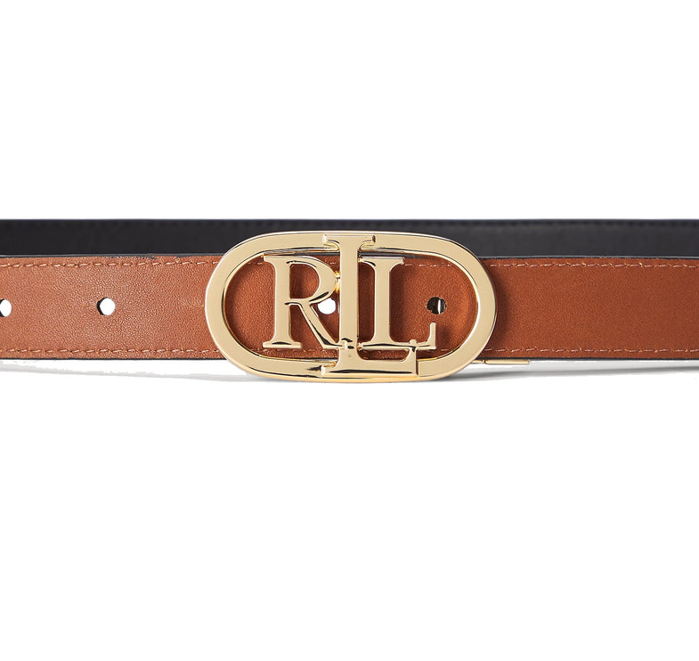 Polo Ralph Lauren Women's Oval-Logo Reversible Leather Skinny Belt Black/Tan
