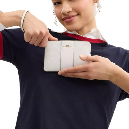 Coach Women's Corner Zip Wristlet In Signature Canvas With Stripe Gold/White/Chalk