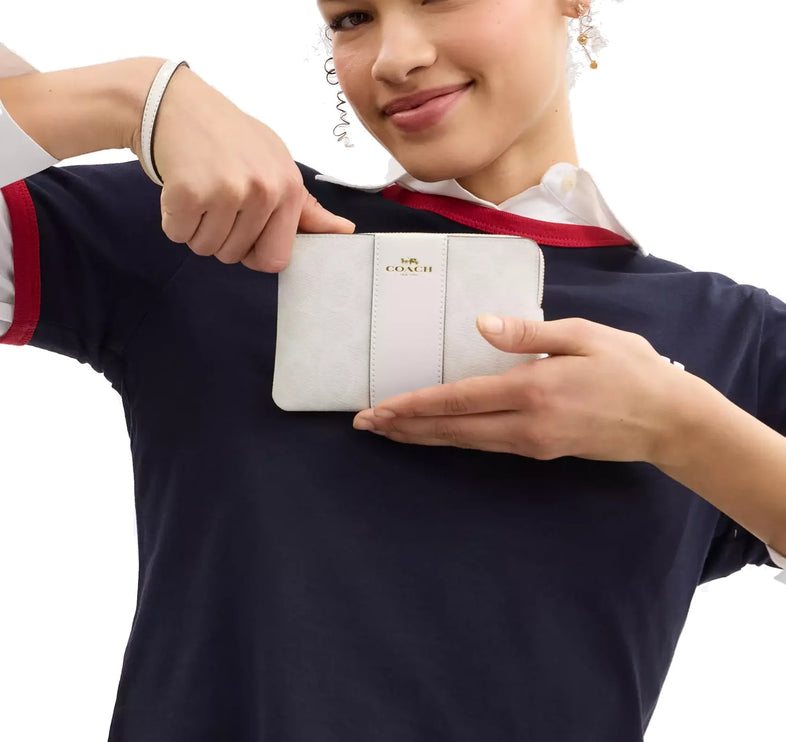 Coach Women's Corner Zip Wristlet In Signature Canvas With Stripe Gold/White/Chalk