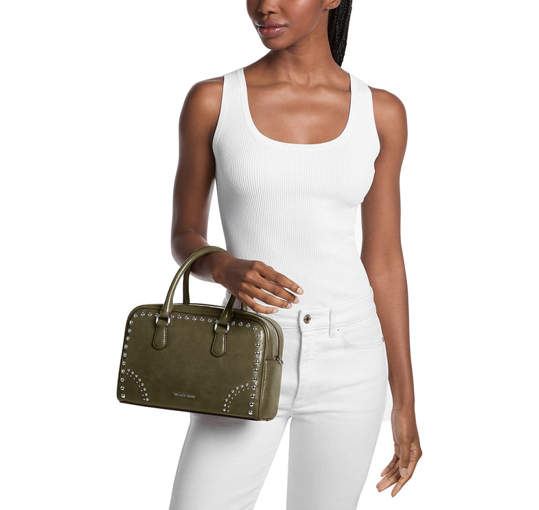 Michael Kors Women's Thompson Medium Distressed Studded Satchel Olive