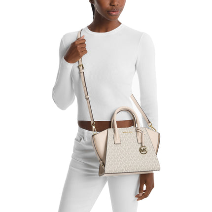 Michael Kors Women's Avril Small Logo and Leather Satchel Light Cream Multi