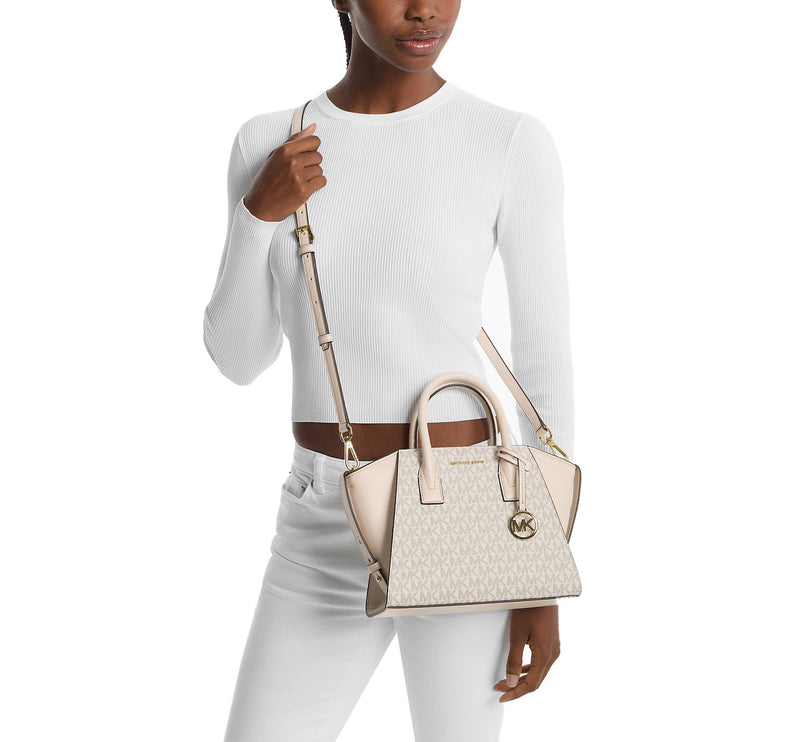 Michael Kors Women's Avril Small Logo and Leather Satchel Light Cream Multi