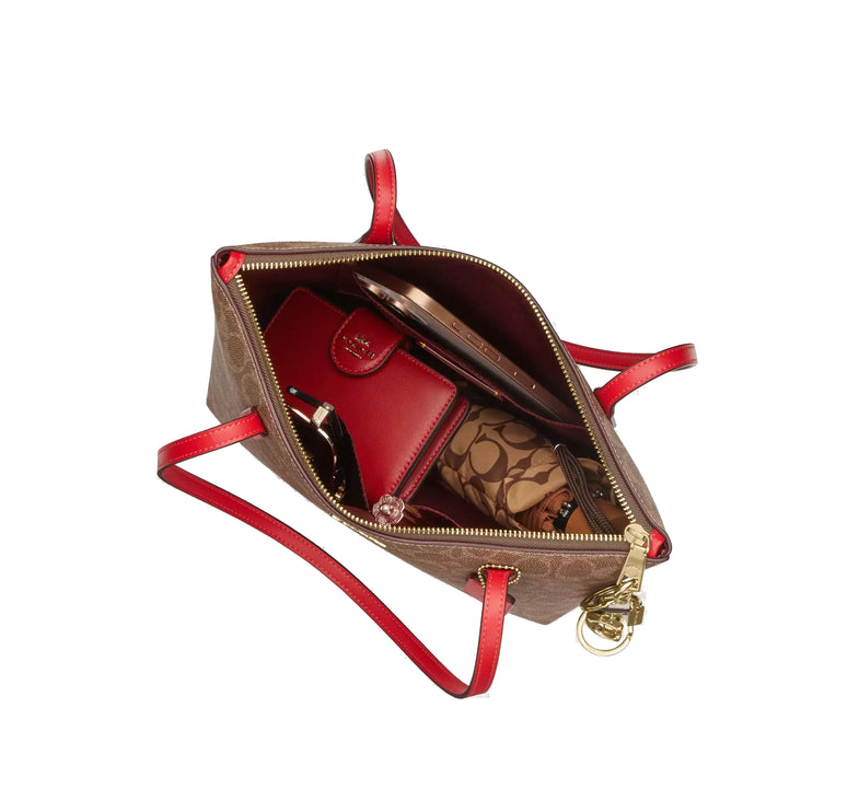 Coach Women's Fiona Zip Tote Bag In Signature Canvas Gold/Tan/Carnation