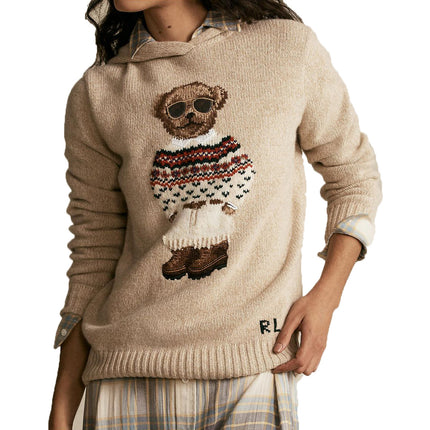 Polo Ralph Lauren Women's Polo Bear Wool Blend Knit Hoodie Camel