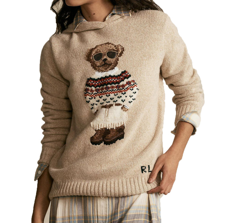 Polo Ralph Lauren Women's Polo Bear Wool Blend Knit Hoodie Camel
