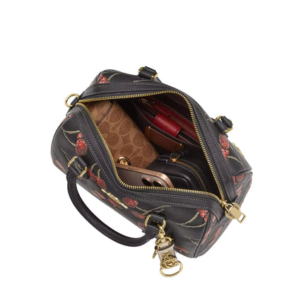Coach Women's Rowan Satchel Bag With Cherry Print Gold/Black Multi