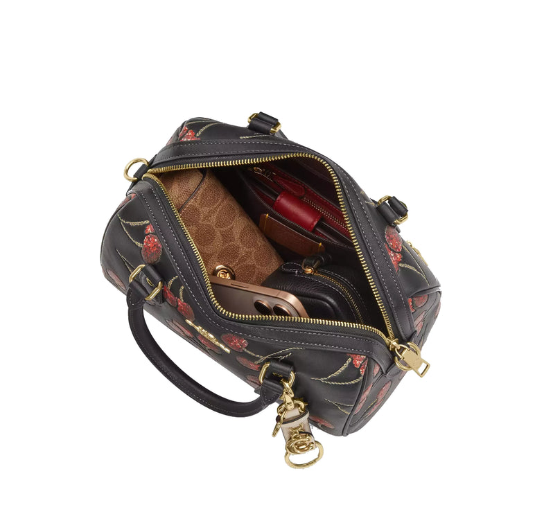 Coach Women's Rowan Satchel Bag With Cherry Print Gold/Black Multi