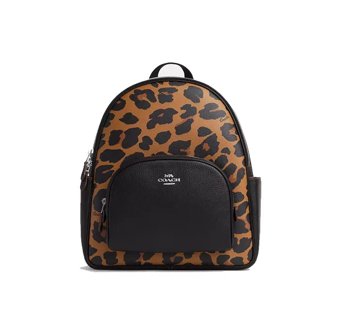 Coach Women's Court Backpack With Signature Canvas And Leopard Print Silver/Light Saddle Multi