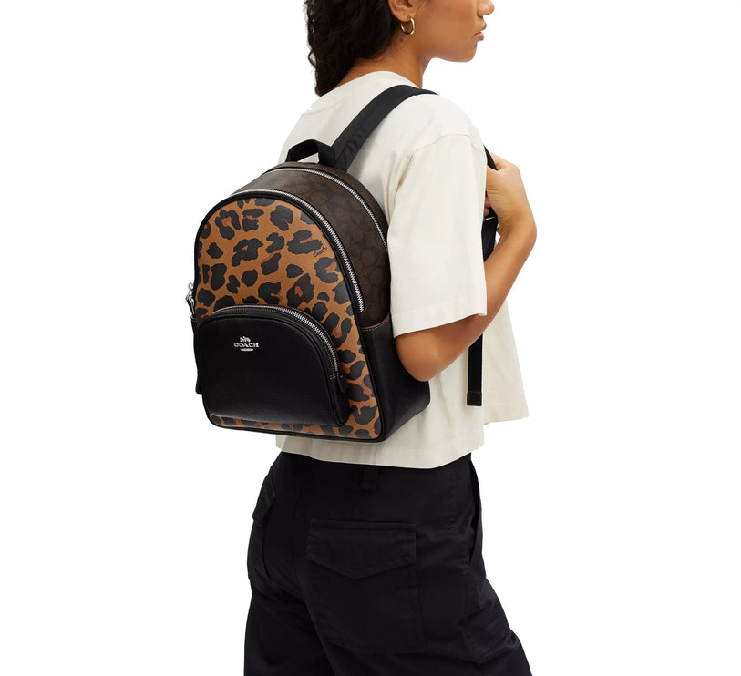 Coach Women's Court Backpack With Signature Canvas And Leopard Print Silver/Light Saddle Multi