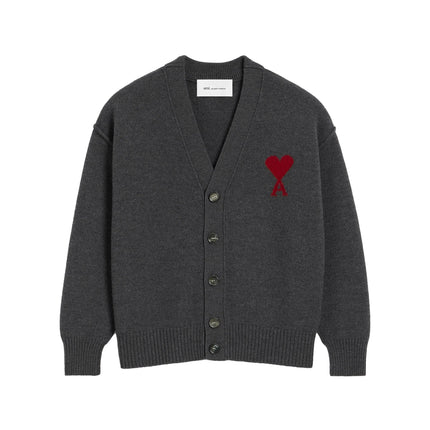 AMI Alexandre Mattiussi Unisex Ami de Coeur Wool Cardigan Heather Grey/Red