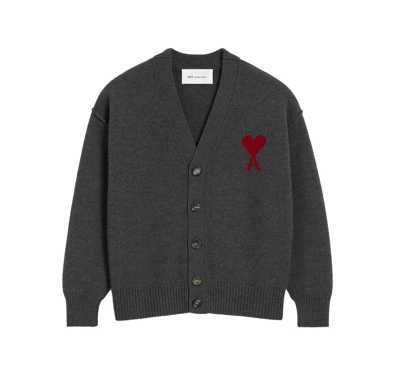 AMI Alexandre Mattiussi Unisex Ami de Coeur Wool Cardigan Heather Grey/Red