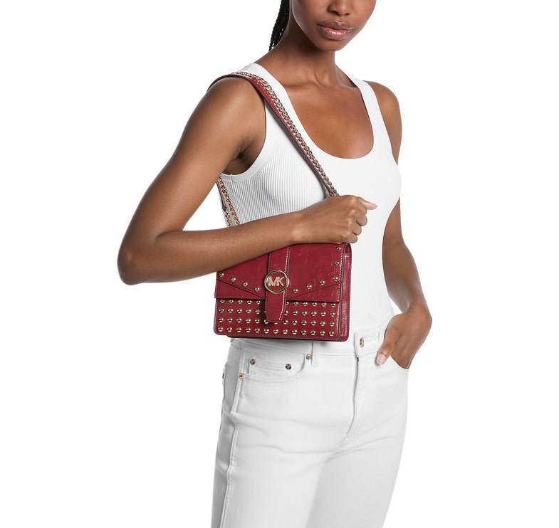 Michael Kors Women's Greenwich Small Studded Distressed Crossbody Bag Cherry