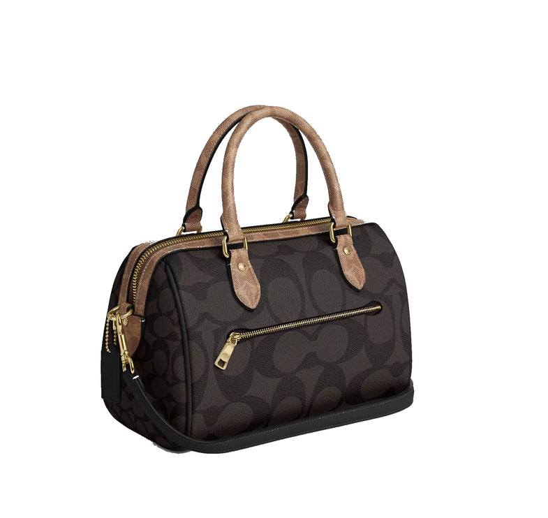 Coach Women's Rowan Satchel Bag In Blocked Signature Canvas Gold/Walnut/Tan