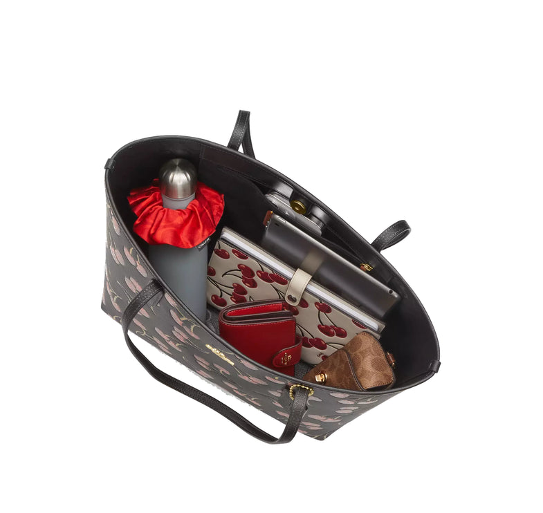 Coach Women's City Tote Bag With Cherry Print Gold/Black Multi