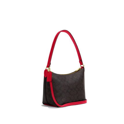 Coach Women's Zip Top Shoulder Bag In Signature Canvas Gold/Walnut/Bold Red