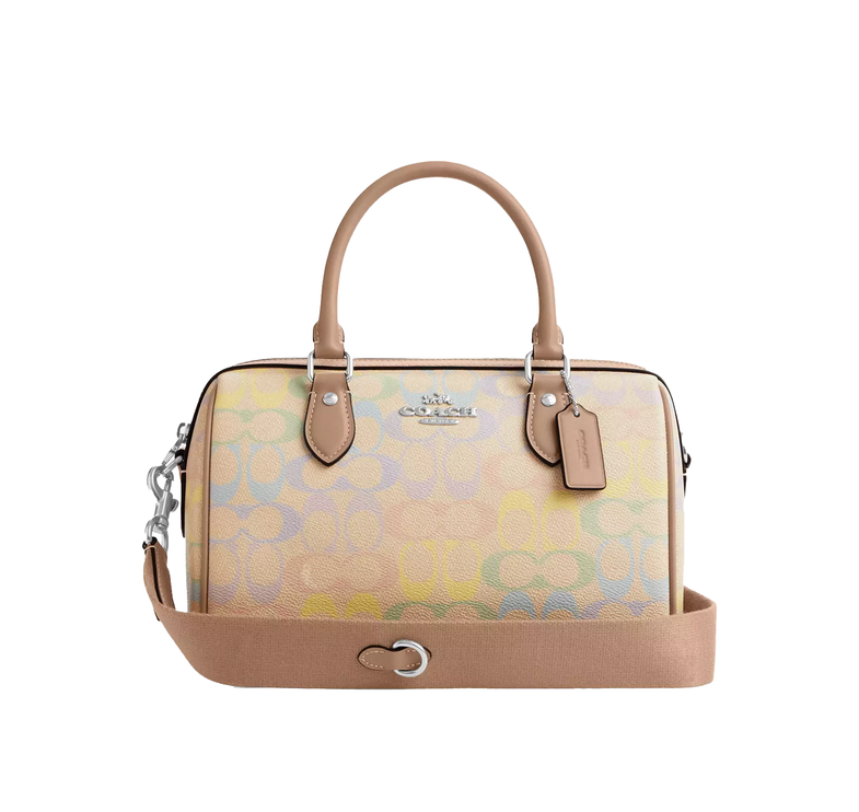 Coach Women's Rowan Satchel Bag In Rainbow Signature Canvas Silver/Sand Multi