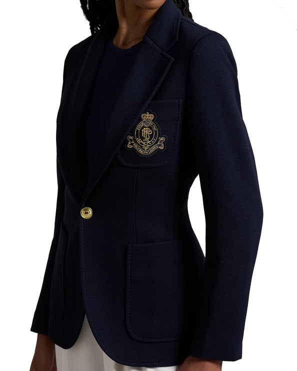 Polo Ralph Lauren Women's Single-Breasted Logo-Crest Knit Blazer Park Avenue Navy