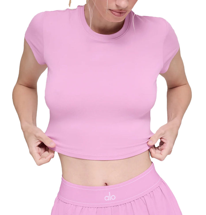 alo Women's Alosoft Crop Finesse Short Sleeve Candy Heart Pink