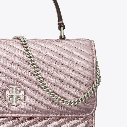 Tory Burch Women's Mini Kira Moto Quilt Metallic Top-Handle Crossbody Sparkle Pink