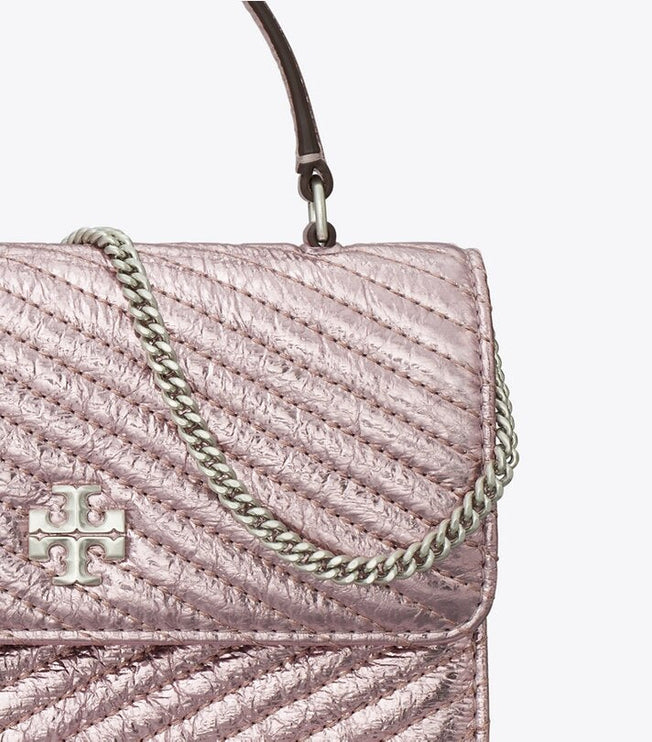 Tory Burch Women's Mini Kira Moto Quilt Metallic Top-Handle Crossbody Sparkle Pink