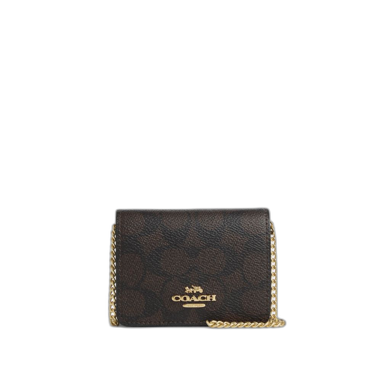 Coach Women's Mini Wallet On A Chain In Signature Canvas Gold/Walnut/Black