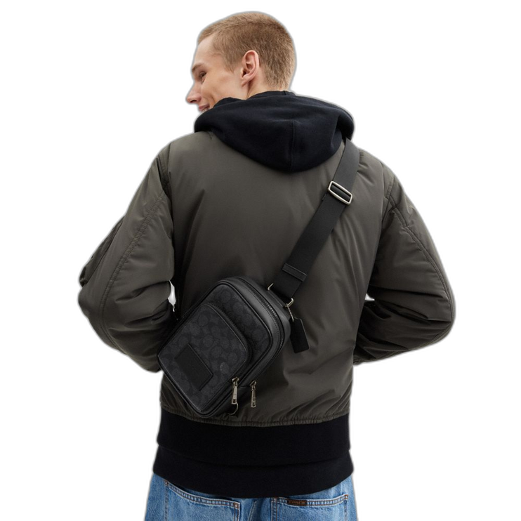 Coach Unisex Racer Sling Pack In Signature Canvas Gunmetal/Charcoal/Black