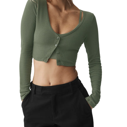 alo Women's Ribbed Cropped Whisper Cardigan Bamboo Green