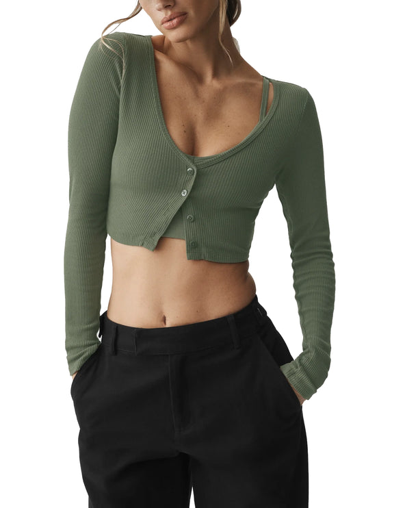 alo Women's Ribbed Cropped Whisper Cardigan Bamboo Green