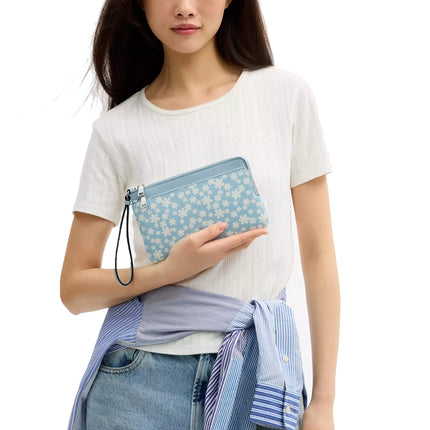 Coach Women's Double Zip Wristlet With Floral Print  Silver/Blue Multi