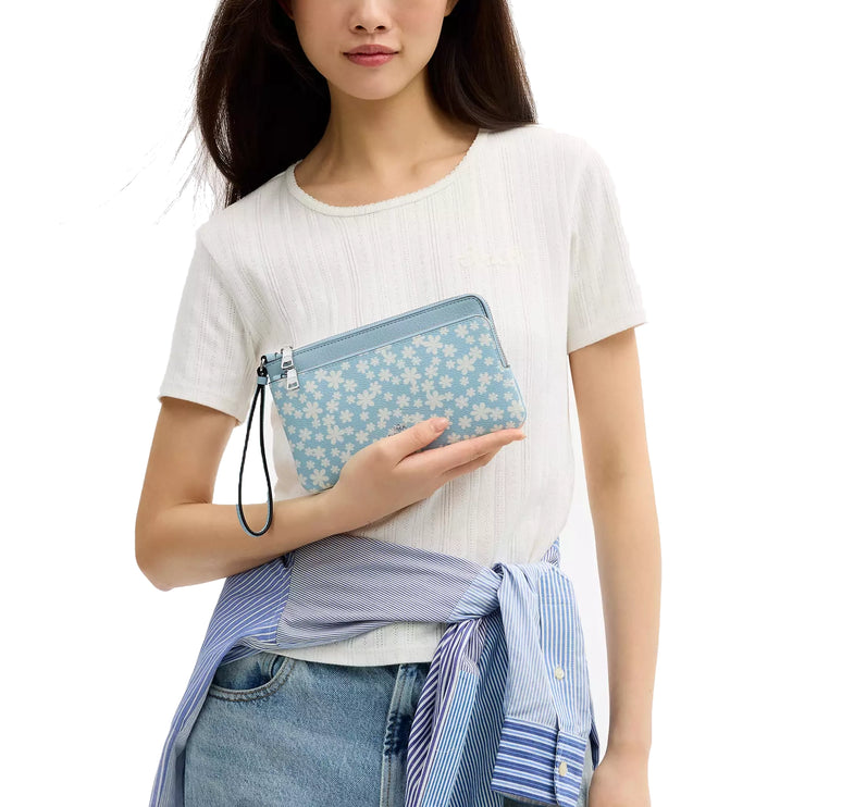 Coach Women's Double Zip Wristlet With Floral Print  Silver/Blue Multi