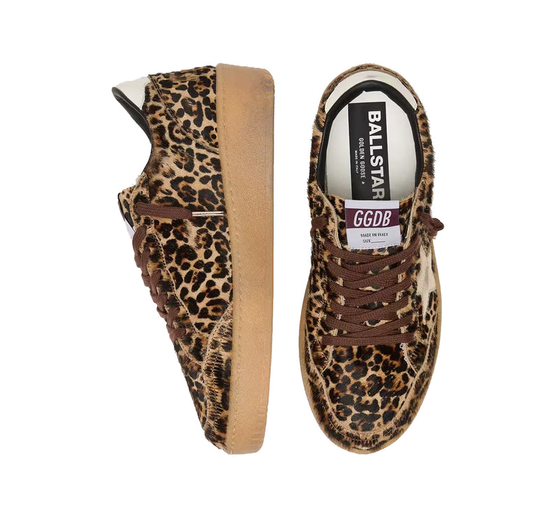 Golden Goose Women's Women's Ball Star in Leopard Print Pony Skin with Platinum Leather Star and White