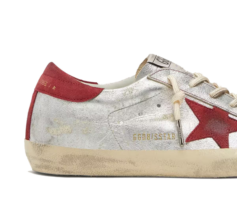 Golden Goose Women's Super-Star LTD in Metallic Silver Leather with Red Suede Star