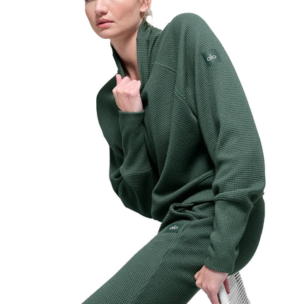 alo Women's Waffle Weekend Escape Mock Neck Long Sleeve Clover Green