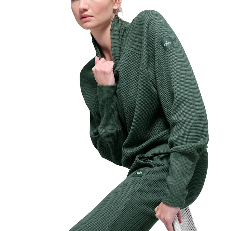 alo Women's Waffle Weekend Escape Mock Neck Long Sleeve Clover Green