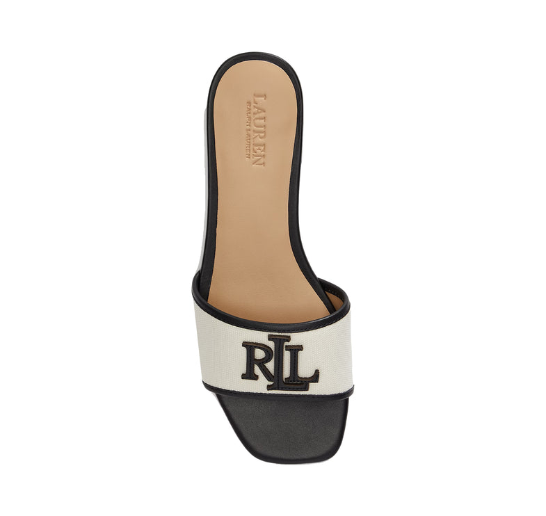 Polo Ralph Lauren Women's Everley Leather-Trim Canvas Slide Sandal Natural/Black