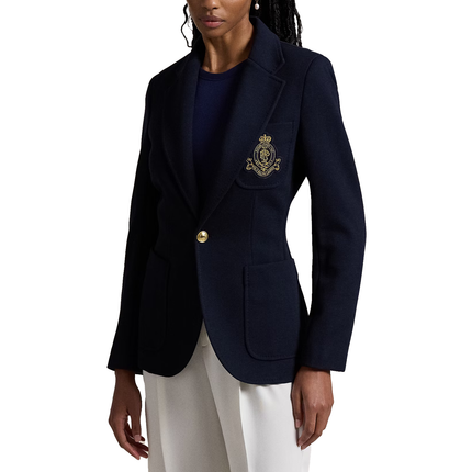Polo Ralph Lauren Women's Single-Breasted Logo-Crest Knit Blazer Park Avenue Navy