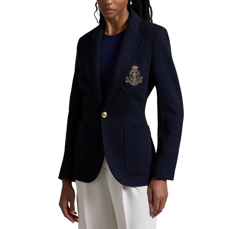 Polo Ralph Lauren Women's Single-Breasted Logo-Crest Knit Blazer Park Avenue Navy