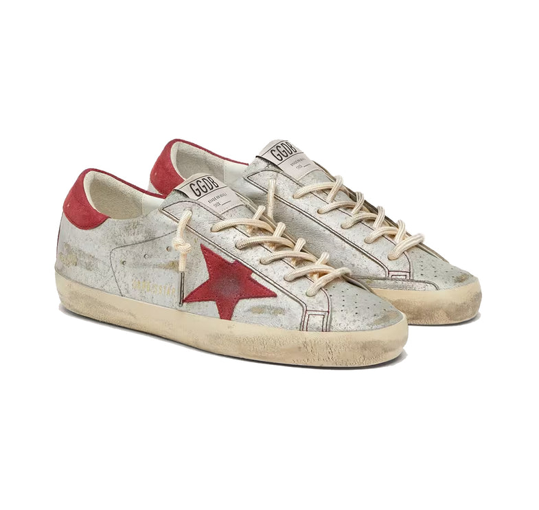 Golden Goose Women's Super-Star LTD in Metallic Silver Leather with Red Suede Star