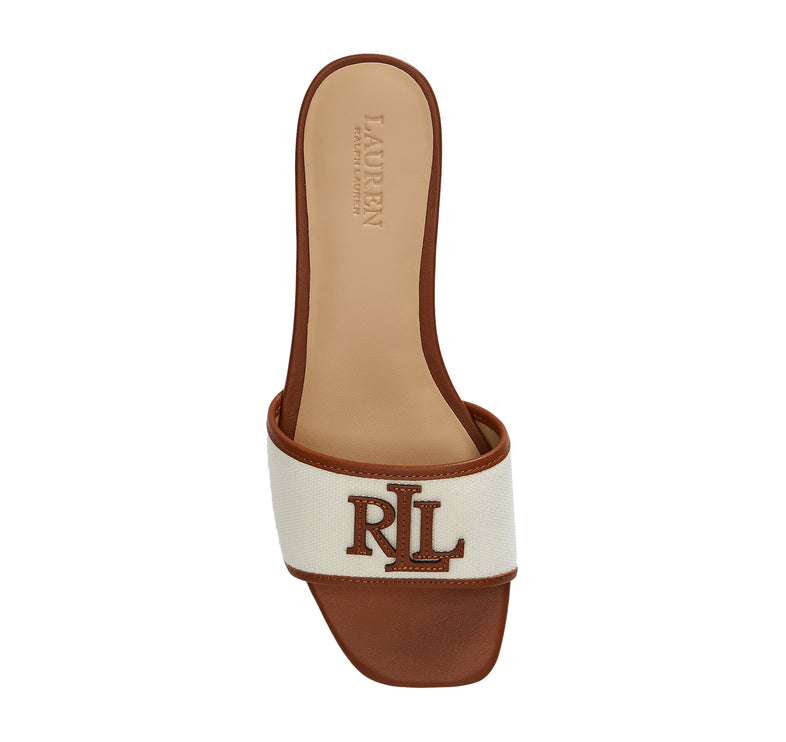 Polo Ralph Lauren Women's Everley Leather-Trim Canvas Slide Sandal Natural/Lauren Tan