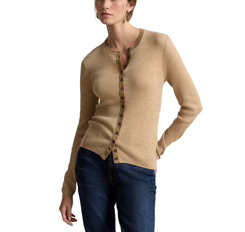 Polo Ralph Lauren Women's Rib-Knit Wool Cardigan Tan Melange