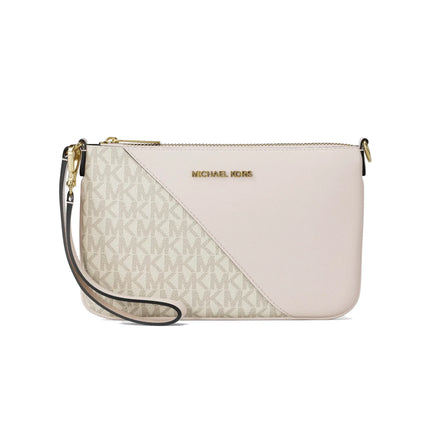 Michael Kors Women's Jet Set Travel Small Signature Logo and Smooth Wristlet Light Cream Multi