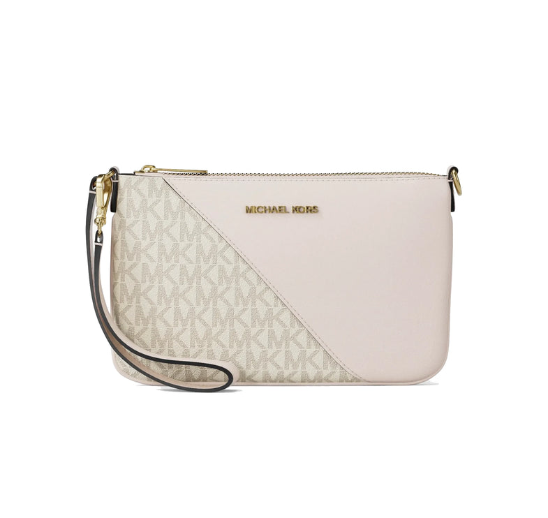 Michael Kors Women's Jet Set Travel Small Signature Logo and Smooth Wristlet Light Cream Multi