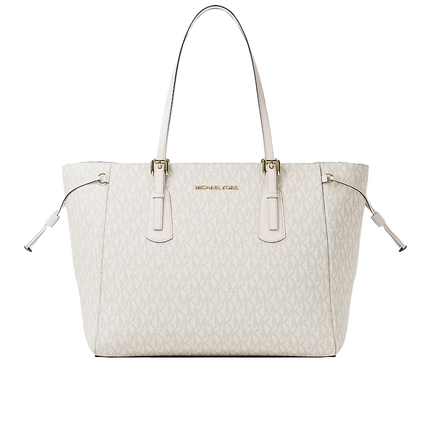 Michael Kors Women's Voyager Large Signature Logo Top-Zip Tote Bag Light Cream Multi