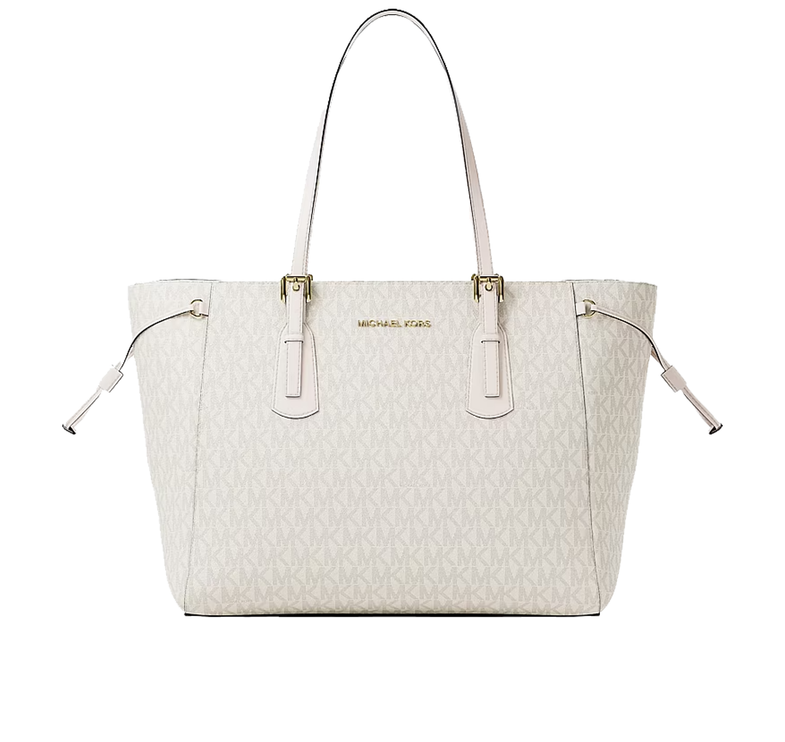 Michael Kors Women's Voyager Large Signature Logo Top-Zip Tote Bag Light Cream Multi