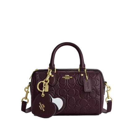 Coach Women's Boxed Mini Rowan Crossbody Bag And Mirror Bag Charm Set In Signature Leather Gold/Black Currant