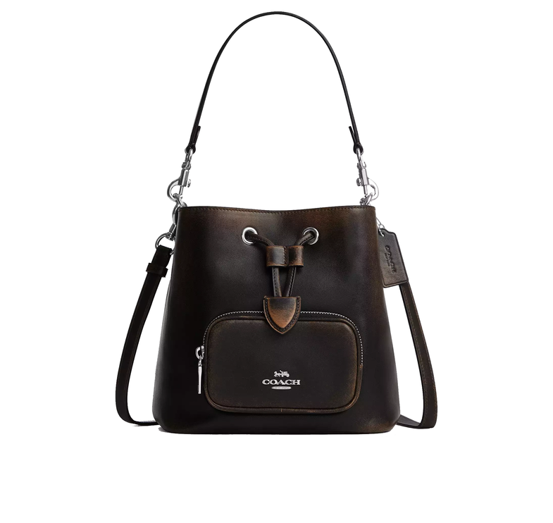 Coach Women's Rowan Bucket Bag With Pocket In Loved Leather Silver/Black Brown