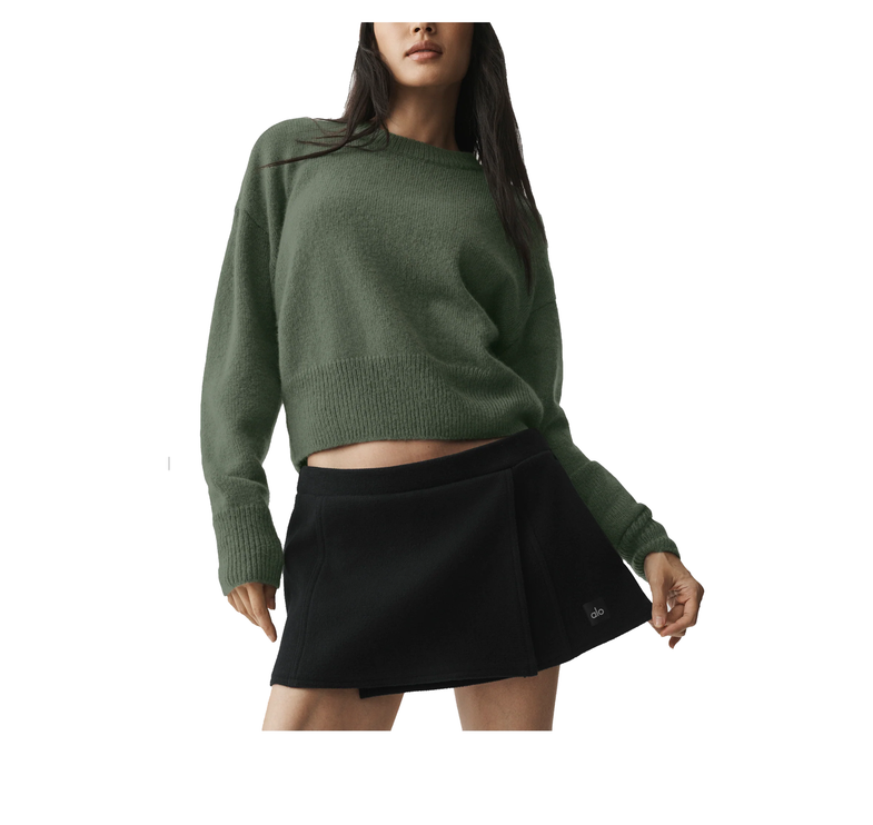 alo Women's Wool Cashmere Cropped New Class Crewneck Sweater Bamboo Green