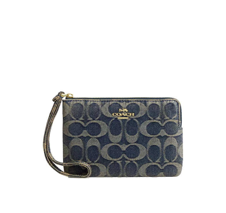 Coach Women's Corner Zip Wristlet In Signature Regenerative Cotton Denim Gold/Denim