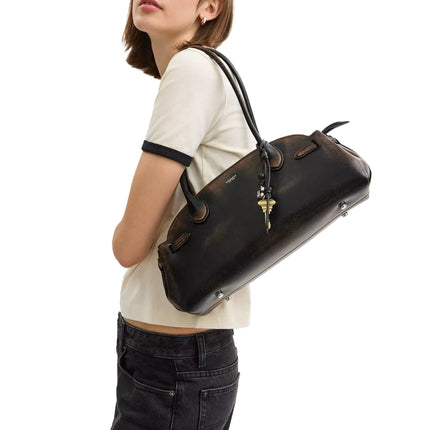 Coach Women's Empire Carryall Bag 34 In Loved Leather Silver/Black Brown